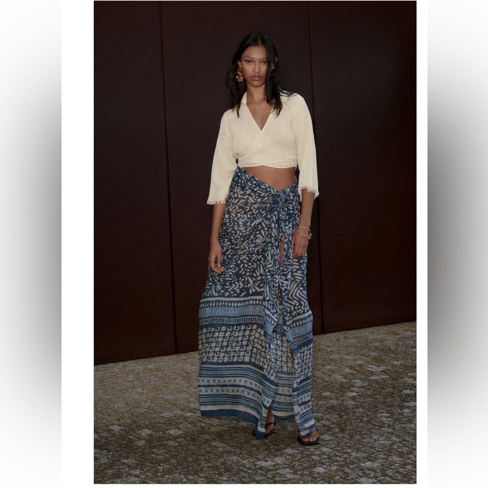 Zara printed linen blend wrap skirt indigo